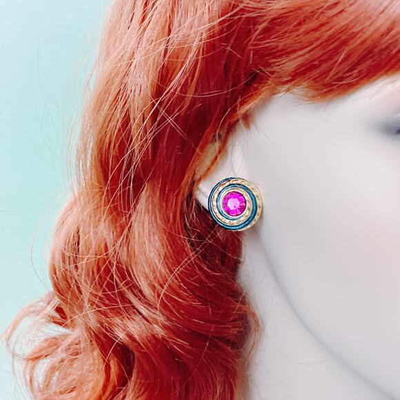 VTG Signed Swarovski Crystal Dome Stud Earrings 80s 90s Teal Enamel Fuchsia - Picture 2 of 14